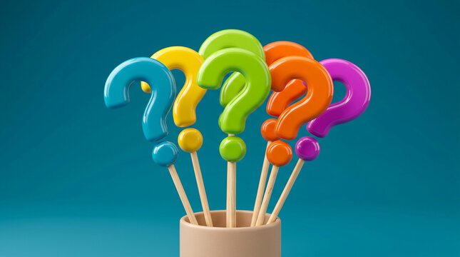 Colorful 3D Question Marks on Wooden Sticks in Cup Against Blue Background Symbolizing FAQ and Decision Making 3D Render