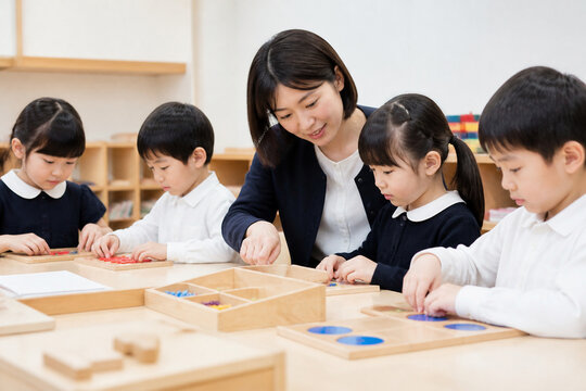 幼児教室で木製教材に取り組む子どもたちと講師