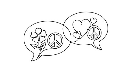 Fototapeta premium Peace symbol, flower, heart in speech bubbles, continuous line art