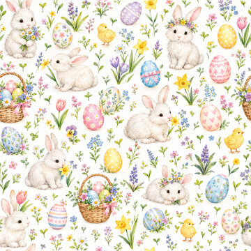 Easter 003 Easter Seamless Pattern with White Bunnies, Yellow Chicks, Decorated Eggs, and Spring Flowers（白うさぎと黄色いひよこと飾られた卵と春の花のシームレスパターン）