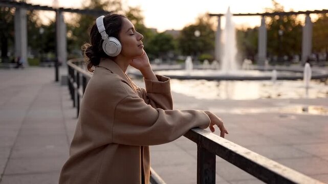 Woman Wearing Headphones Resting on Railing Beside Fountain as Evening Light Illuminates Reflective Pool in Urban Outdoor Plaza