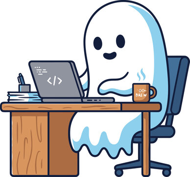 Cute ghost programmer vector illustration, friendly phantom developer coding on laptop, spooky software engineer character at office desk