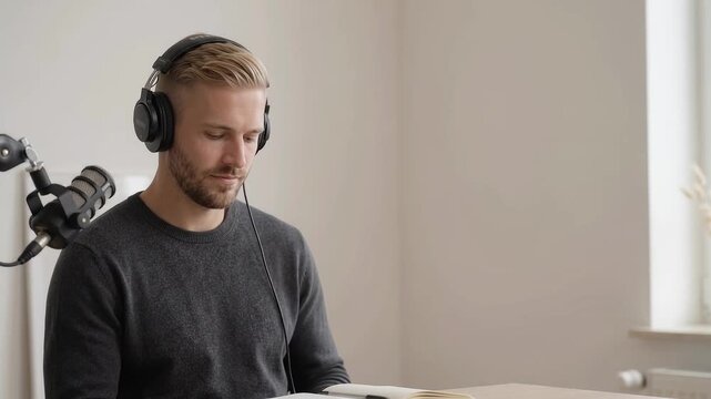 Bearded man wearing headphones sits beside studio microphone, briefly closes eyes and looks forward in quiet indoor recording workspace with soft natural light