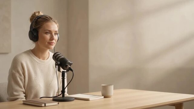 Woman wearing headphones sits beside studio microphone at wooden desk with notebooks and coffee cup in softly lit recording space for audio production