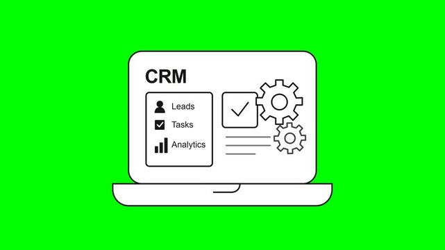 Clean line art animation of a laptop displaying a CRM interface with gears and checklist appearing on a green screen.