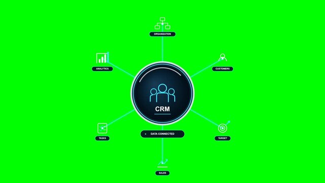 Premium corporate CRM customer relationship management visual on green screen background with cyan network data visualization.