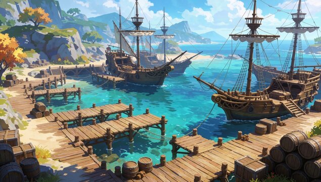 Digital illustration pirate-themed pirate ships docked wooden pier middle body water made planks surrounded lu