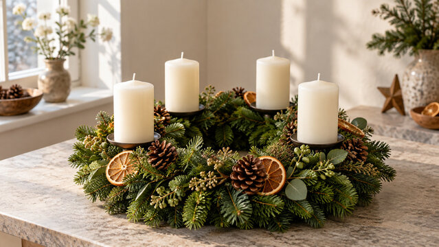 Nat&uuml;rlicher Adventskranz mit vier weissen Kerzen