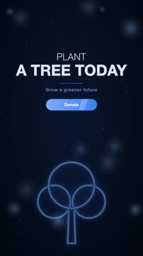 Electric blue on black plant a tree today banner animation, eco and sustainability motion background, vertical 9:16