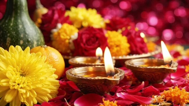 Close-Up of Sacred Chhath Puja Offerings with Fresh Fruits, Flowers, and Diyas Arranged for the Sun Worship Ritual.