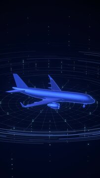 A digital blue wireframe passenger jet rotates on a glowing cyber turntable, optimized as a vertical screen background for aviation app promos and short-form social media content.
