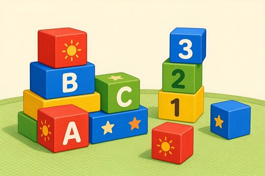Vibrant 2D illustration of multi-colored baby stacking blocks featuring letters and numbers in
