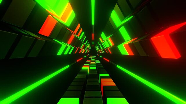 Red and Green Neons in Triangular Tunnel of Squares Background VJ Loop in 4K