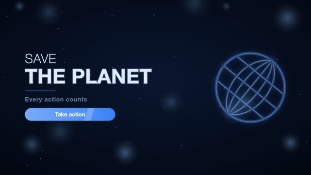 Electric blue on black save the planet banner animation, eco and sustainability motion background