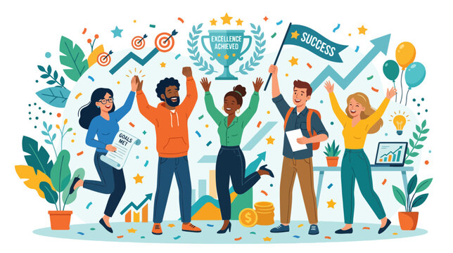 Diverse Team Celebrating Success, High Fives, Goals Achieved, Business Triumph
