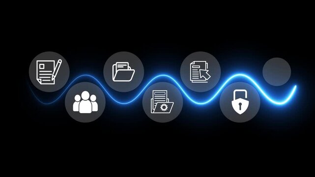Document management and online file access concept. Online documentation database and digital file storage system/software, database technology, doc sharing. 