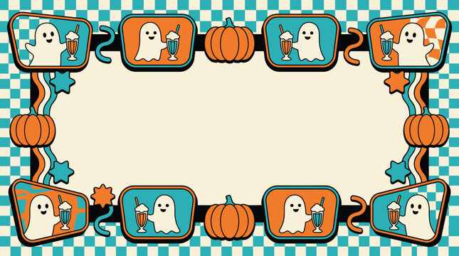 A festive halloween background vector featuring cute ghosts and pumpkins arranged in a decorative frame for seasonal party invitations