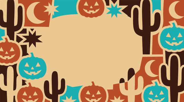 Festive halloween background vector featuring cute jack o lantern pumpkins and desert cactus silhouettes for seasonal party invitations