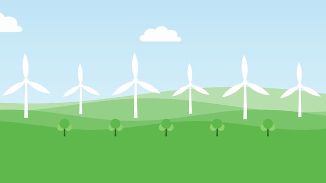 Sky blue and green paper cut hills with wind turbines animation, eco and sustainability motion background