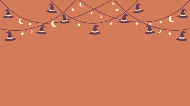 Festive halloween background vector featuring hanging witch hats and glowing fairy lights on a plain orange backdrop design