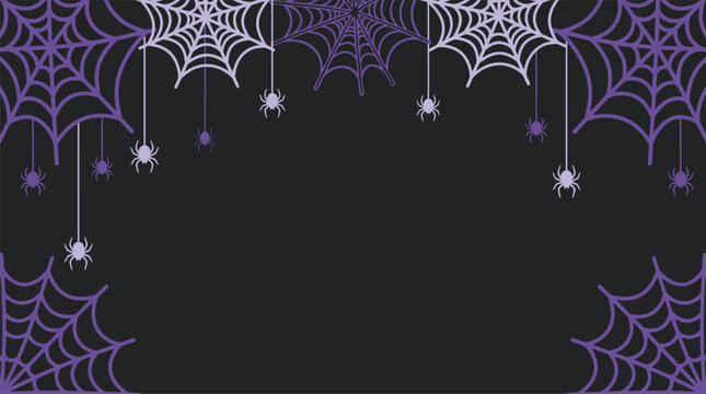 A spooky halloween background vector illustration featuring purple spider webs and hanging spiders on a dark black backdrop