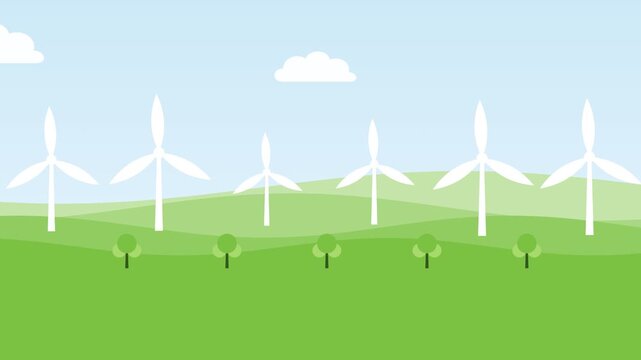 Lime green and sky blue paper cut hills with wind turbines animation 11, eco and sustainability motion background