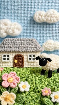 Crocheted sheep beside a handmade cottage with flowers and clouds on textured green meadow under blue sky, whimsical woolen needlework landscape illustration