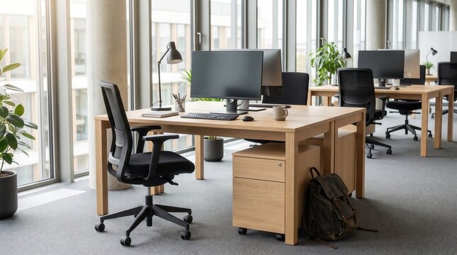 Modern office workstation with computer monitors, ergonomic chairs, wooden desks, plants, and bright windows in an open plan interior workspace