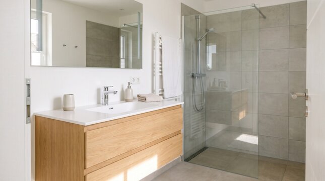Contemporary bathroom with oak vanity, white countertop, glass enclosed shower, large mirror, gray wall tiles, chrome fixtures, and bright natural light in residential interior