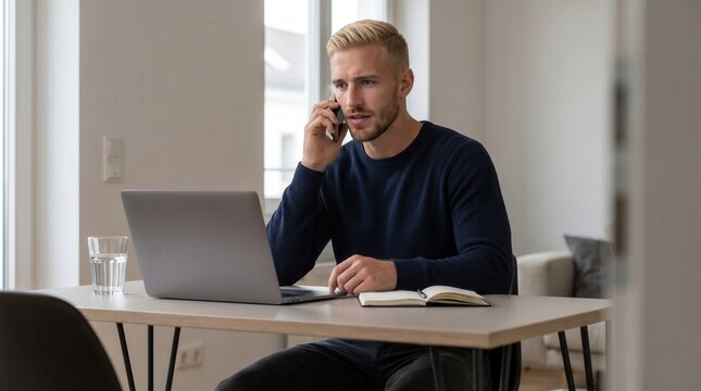 Bearded blond man speaking on smartphone beside open laptop and notebook at home workspace with glass of water, bright modern interior and neutral furnishings, lifestyle scene