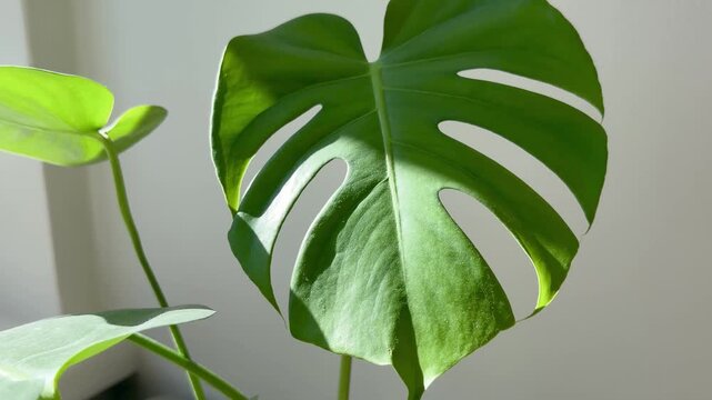 Close View of a Backlit Monstera Leaf by a Window