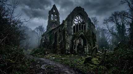 Fototapeta premium Ancient abandoned church ruins in misty forest landscape at dusk