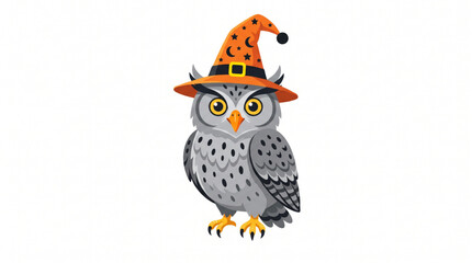 Fototapeta premium Grey cartoon owl wearing a tall orange starry witch hat