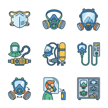 Set of industrial respiratory protection icons featuring gas masks respirators and breathing apparatus.