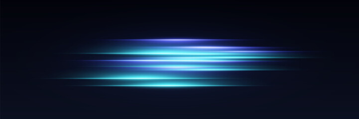 Obraz premium Glowing blue and cyan light streaks moving horizontally across a dark background