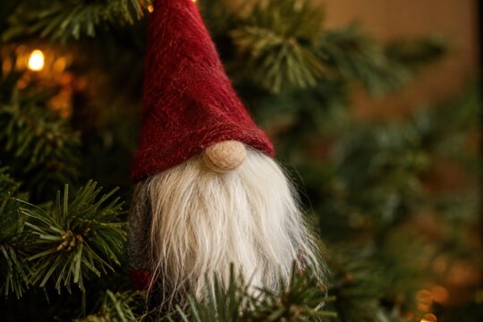 Scandinavian Christmas gnome ornament, festive red felt tomte, holiday tree decoration