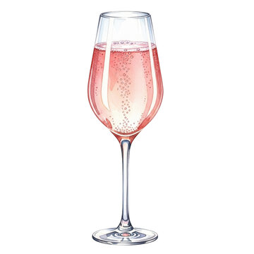 Watercolor illustration of a glass of pink sparkling wine isolated on transparent background