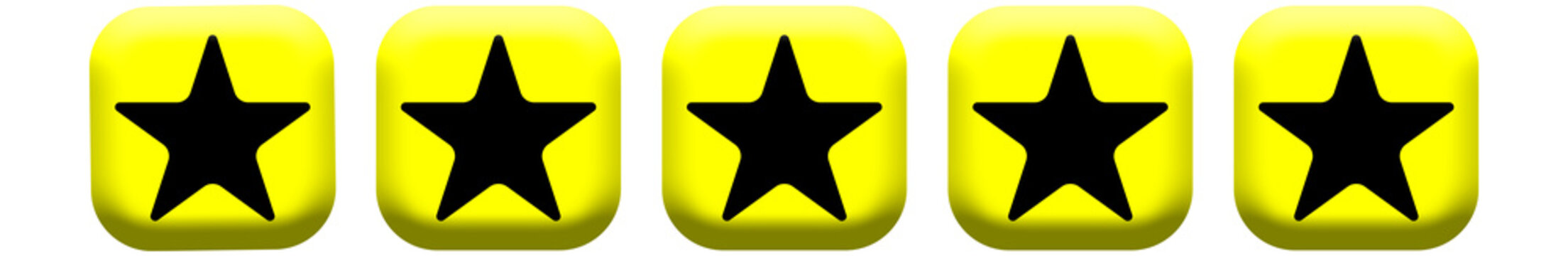 Five star rating review icon, yellow buttons with black stars and feedback symbol isolated on white background
