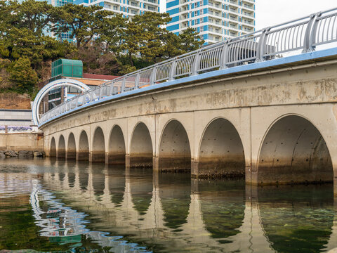 View of the arched bridge spanning the calm water with reflections, modern apartment buildings, and pine trees in the background in Busan, Busan, South Korea.