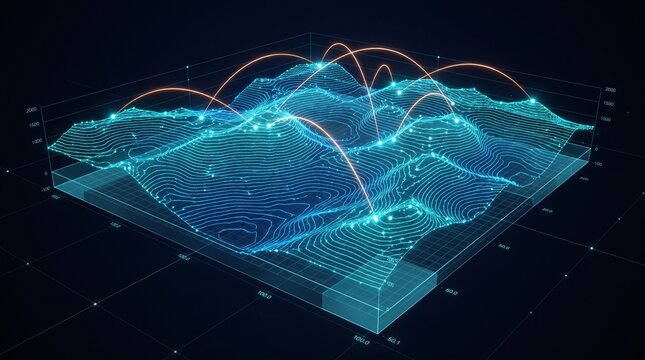 Futuristic geospatial data visualization with glowing terrain grid, contour line, point, and arc showing location analysis, elevation, and spatial intelligence.