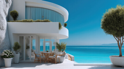 Obraz premium Modern luxury villa with ocean view, white terrace, outdoor seating, blue sky, summer, relaxation, Mediterranean style