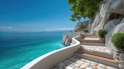 Fototapeta premium Seaside stone pathway, luxury villa, turquoise water, blue sky, summer, relaxation, Mediterranean style