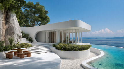 Obraz premium Modern villa, ocean view, white exterior, curved architecture, luxury, outdoor seating, tropical