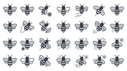 Obraz premium Collection of Stylized Honey Bee Icons and Illustrations Featuring Various Flying Positions and Decorative Floral Elements for Graphic Design