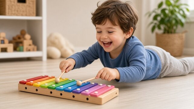 Child tapping xylophone colorful bars happily