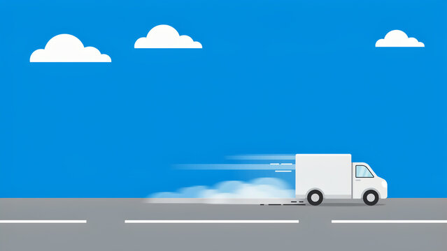White delivery van driving quickly along road against blue sky background with delivery service cargo van delivery transport logistics shipping transportation