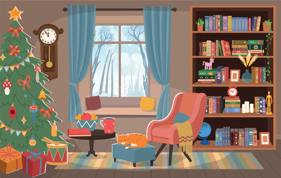 Cozy Christmas living room with a decorated tree, bookshelves, gifts, armchair, cat and winter window.
