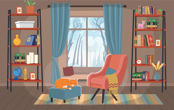 Cozy illustrated living room with bookshelves, armchair, window, rug and a sleeping cat in a warm vintage style.