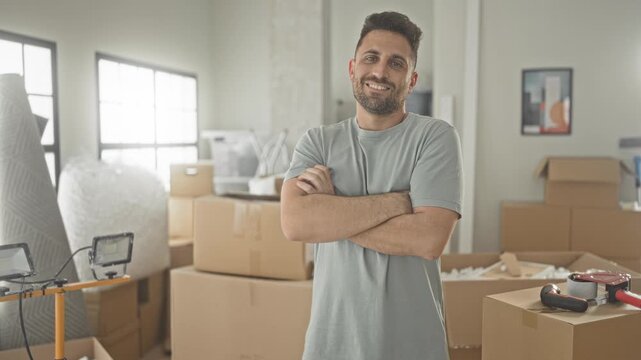 Man with arms crossed beside cardboard boxes inside a building, smiling and packing supplies; optimism fresh start.