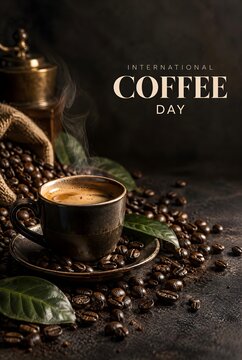 International Coffee Day Poster with Espresso Cup and Roasted Coffee Beans